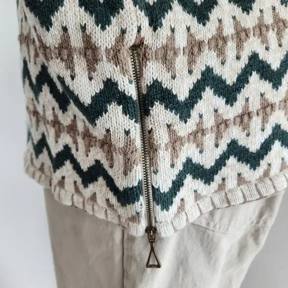 Vintage 90s Christopher & Banks Tan Green Southwestern Knit Quarter Zip Sweater - Picture 6 of 10